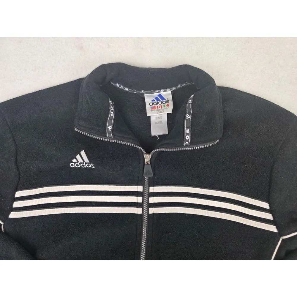 Vintage Y2K Adidas Soccer Fleece Jacket Black Striped Full Zip Track Mens Size S